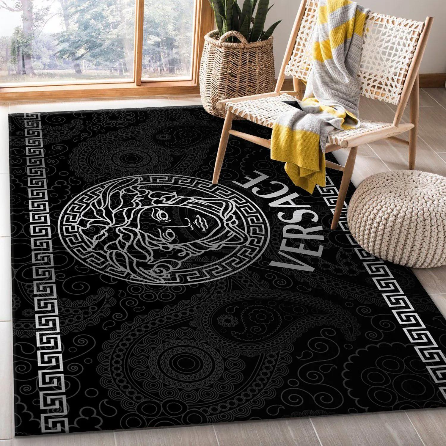 Rugs in living room and bedroom - Versace logo silver fashion brand living room rug christmas gift floor mats keep warm in winter Rectangle Rug