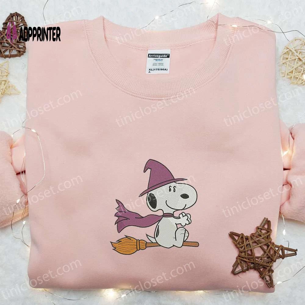 Snoopy witch fly embroidered t-shirt & peanuts halloween hoodie – best halloween gift ideas Embroidered Shirt