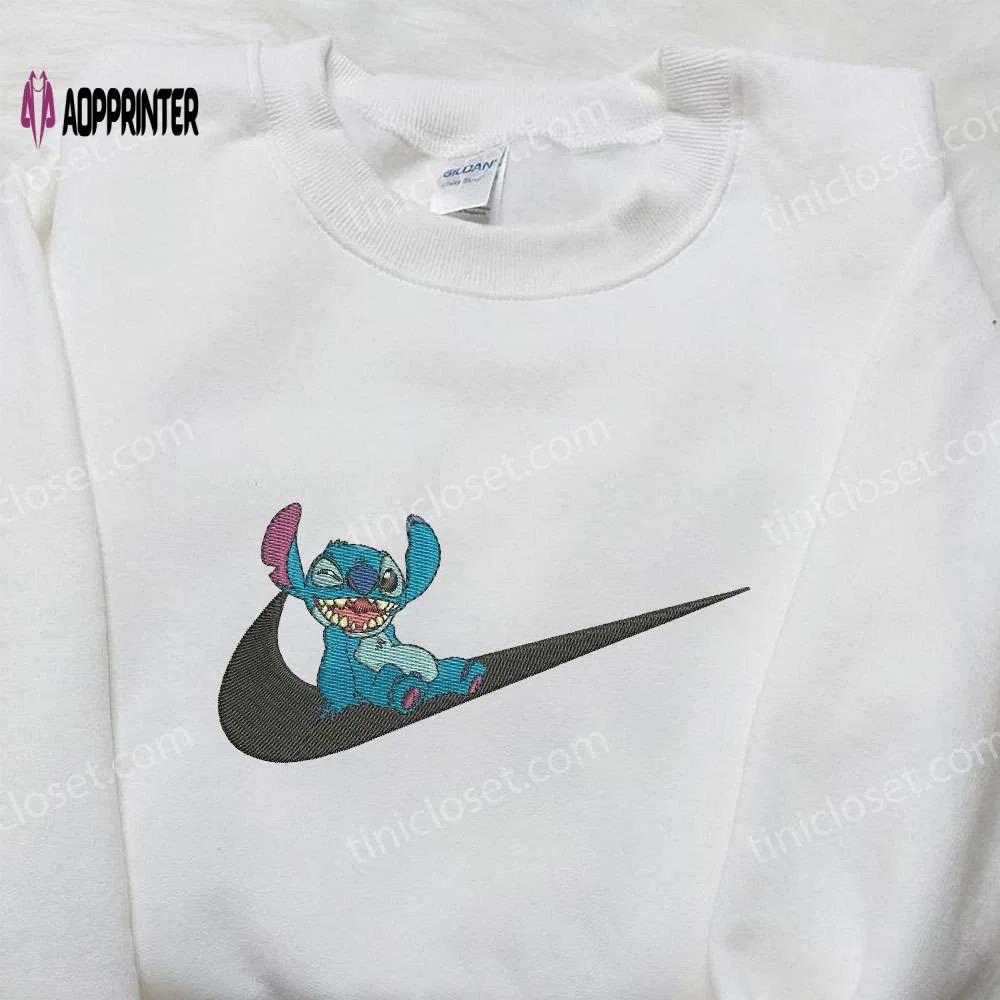 Stitch laughing x nike swoosh sweatshirt lilo and stitch cartoon embroidered shirt nike inspired Embroidered Shirt