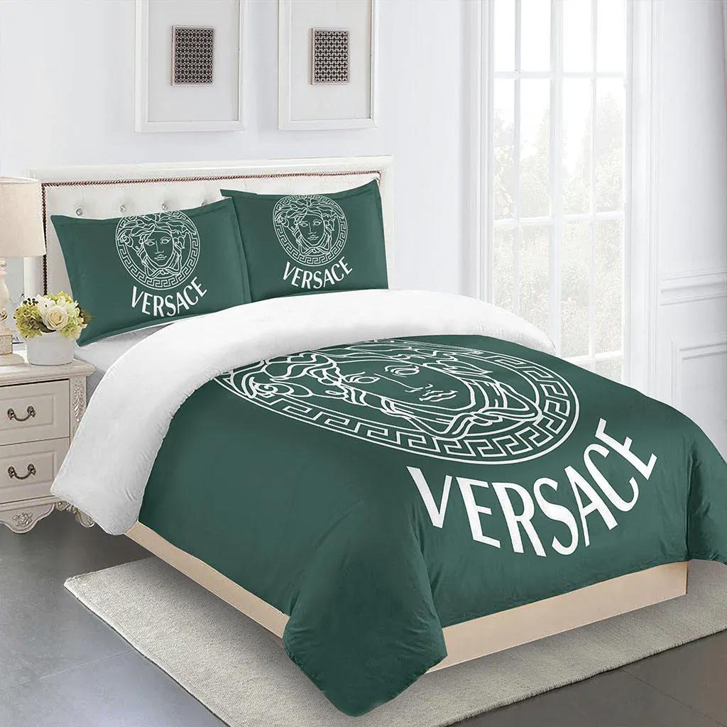 Teal versace logo luxury brand high end premium bedding set for bedroom luxury bedspread duvet cover set with pillowcases home decoration Bedding Sets