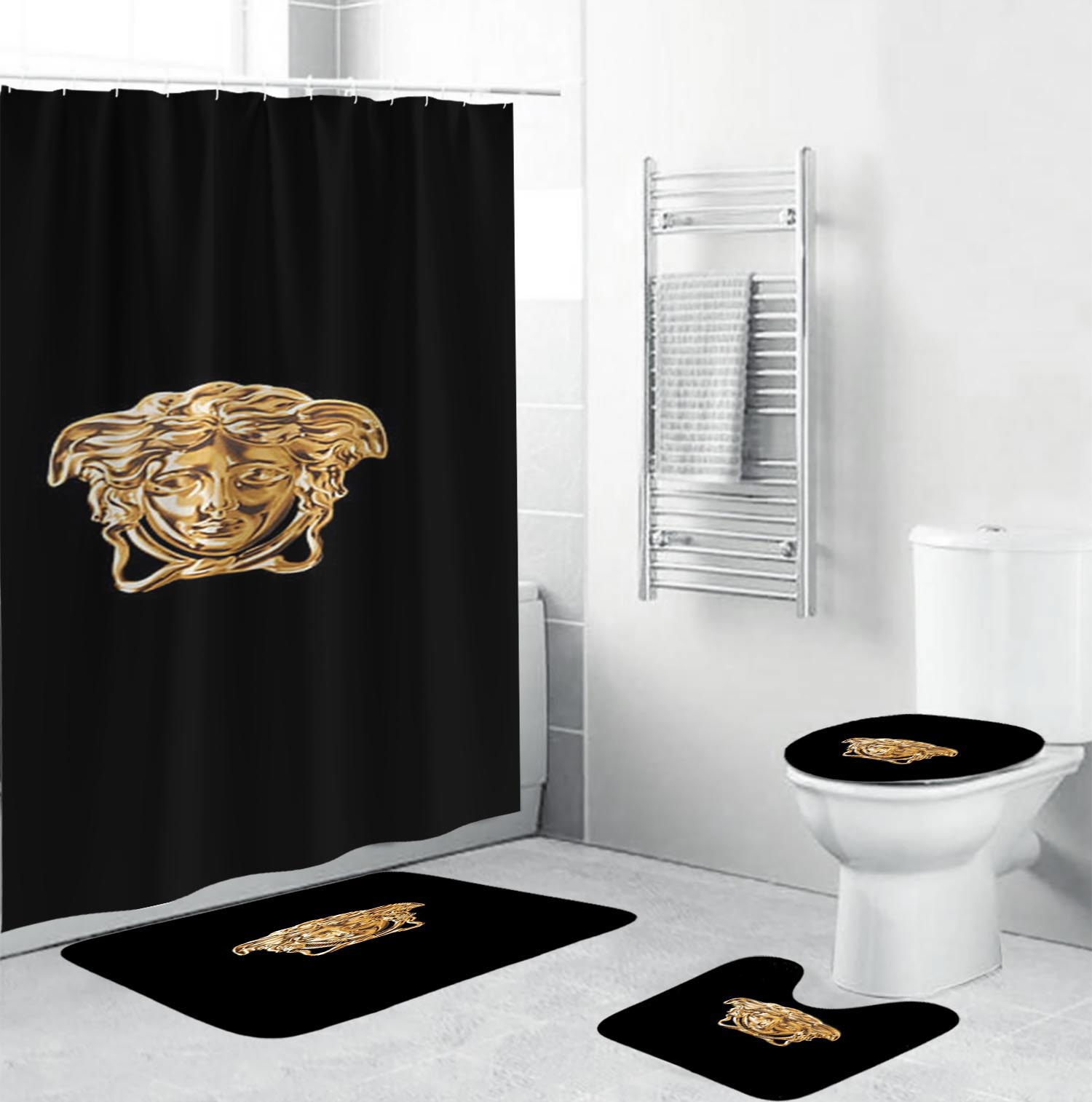 Versace golden medusa face in black bathroom set shower curtain set Bathroom Set