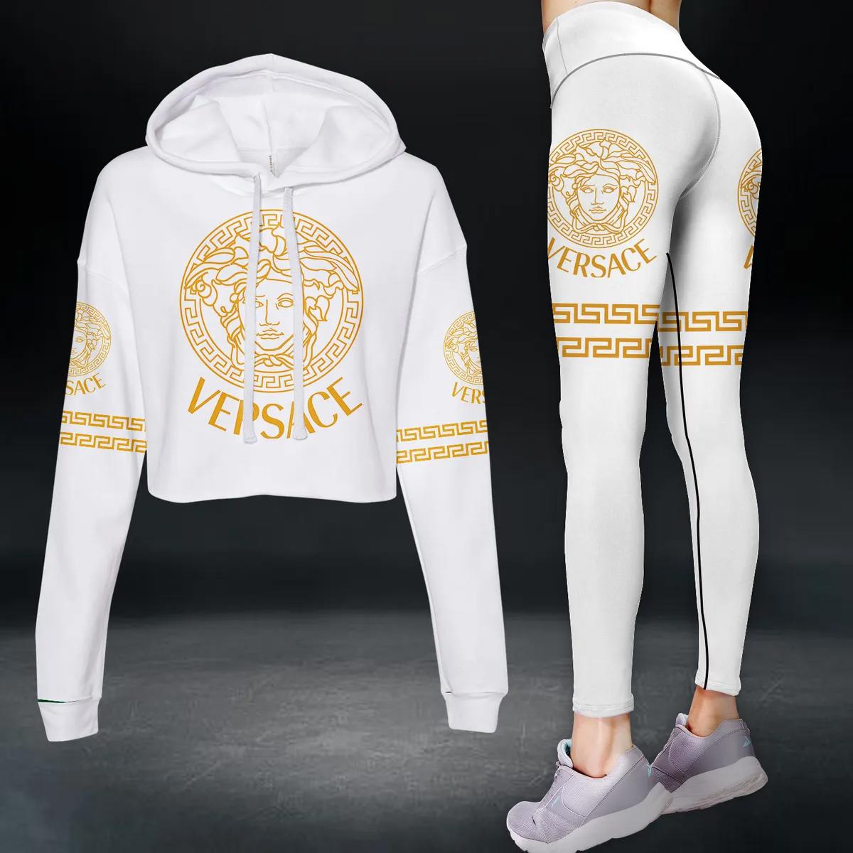 Versace golden medusa white luxury brand clothes leggings and crop top set for women Croptop Hoodie Legging Set