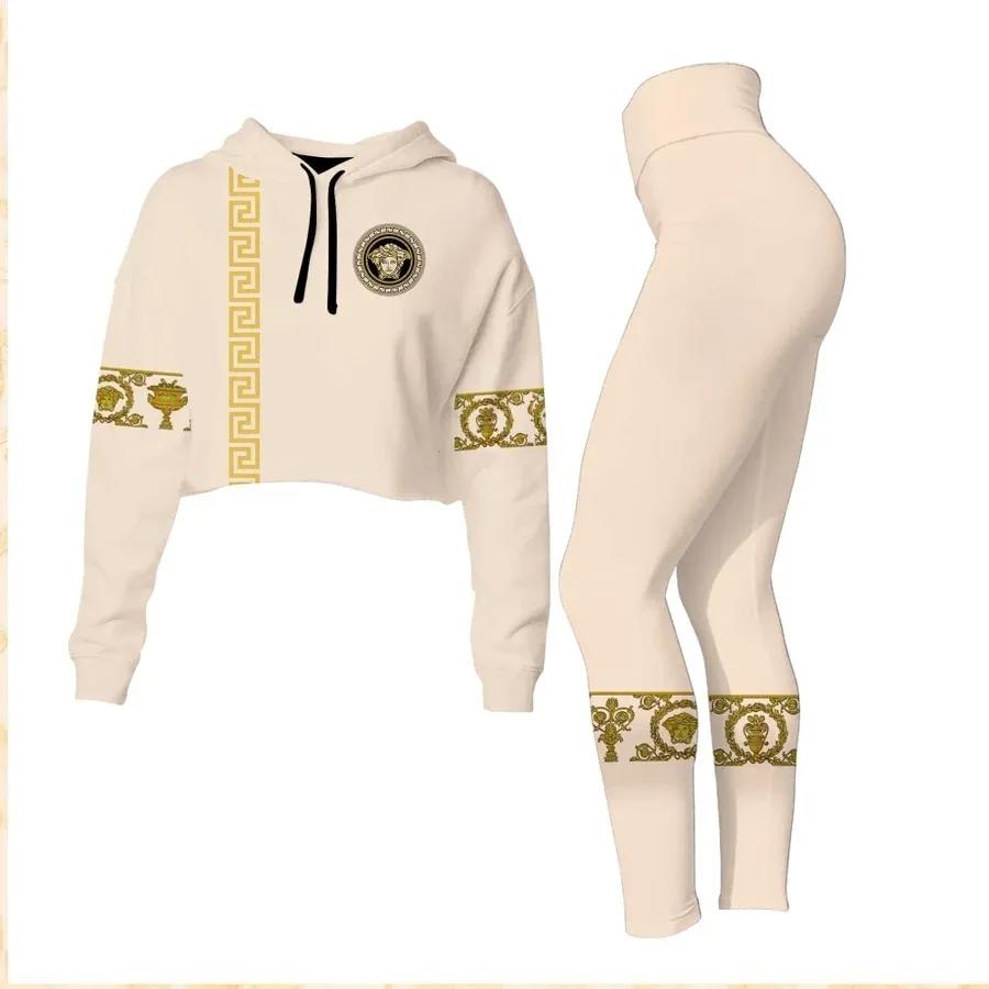 Versace medusa cream luxury brand clothes leggings and crop top set for women Croptop Hoodie Legging Set