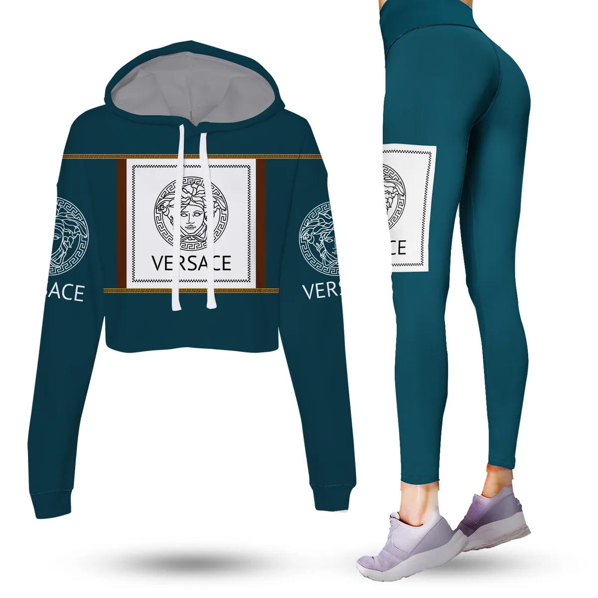 Versace teal color luxury brand clothes leggings and crop top set for women Croptop Hoodie Legging Set