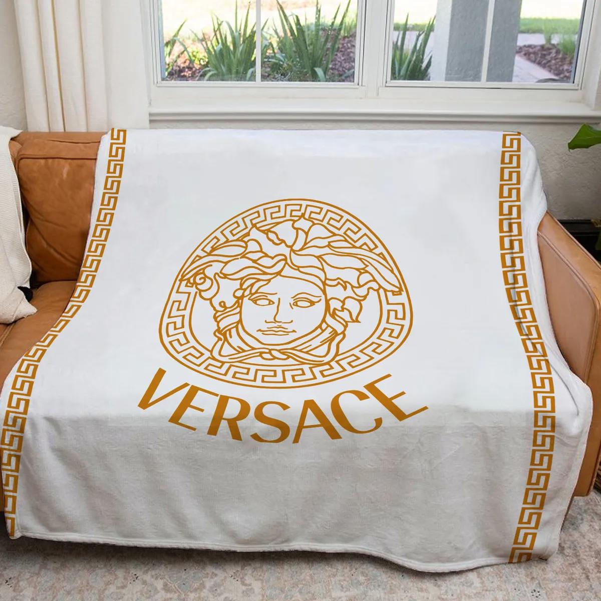 Versace white golden logo luxury brand premium blanket fleece home decor 85 Blanket Fleece