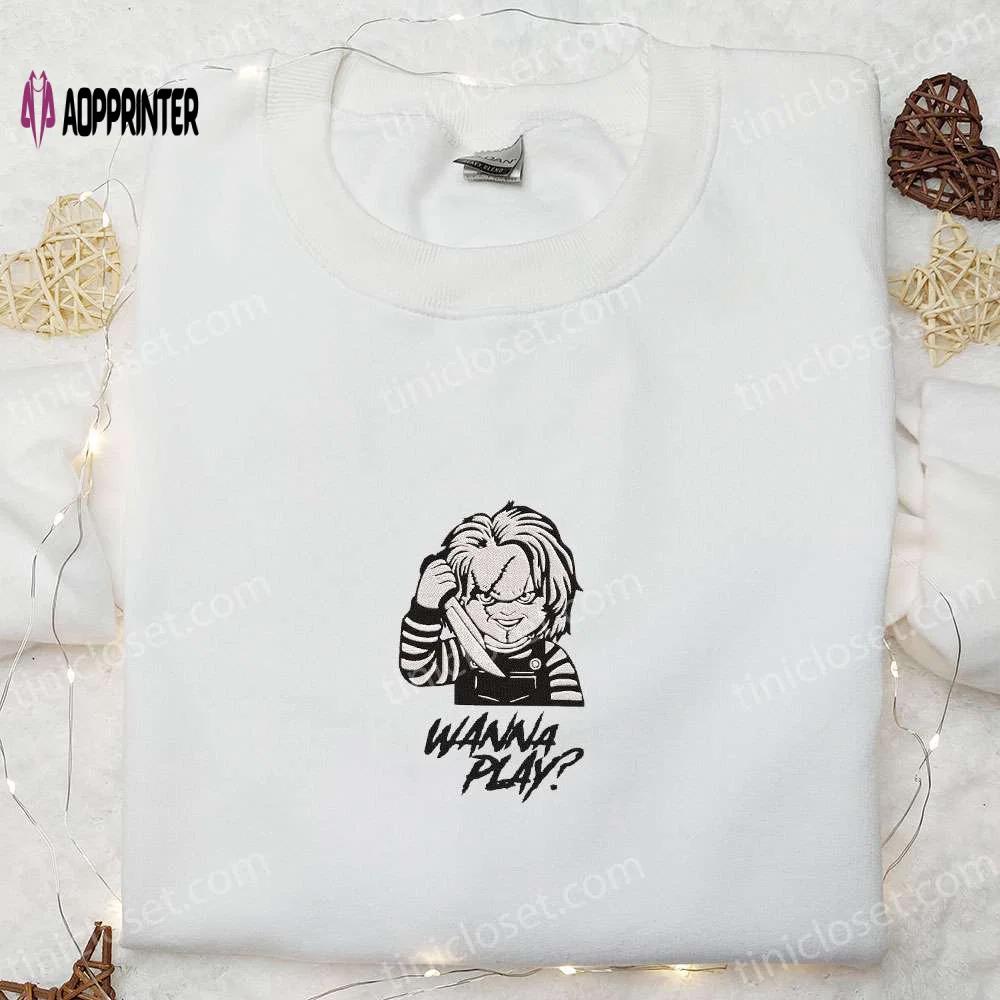 Wanna play chucky embroidered shirt: scary halloween gift for family Embroidered Shirt