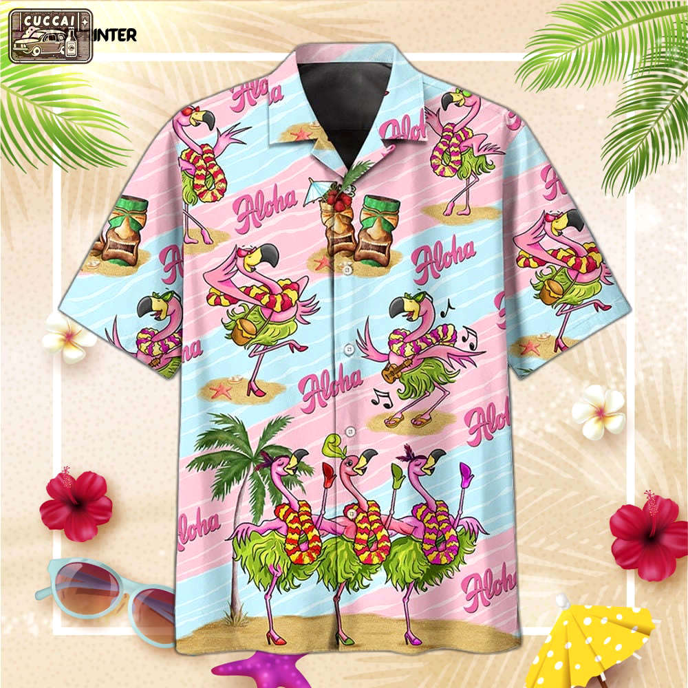 Aloha flamingo pink and blue hawaiian shirt, gift for men and women Hawaii Shirt