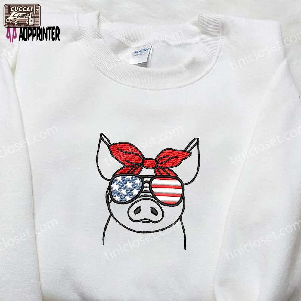 American piggy embroidered shirt: unique animal gift for national day Embroidered Shirt