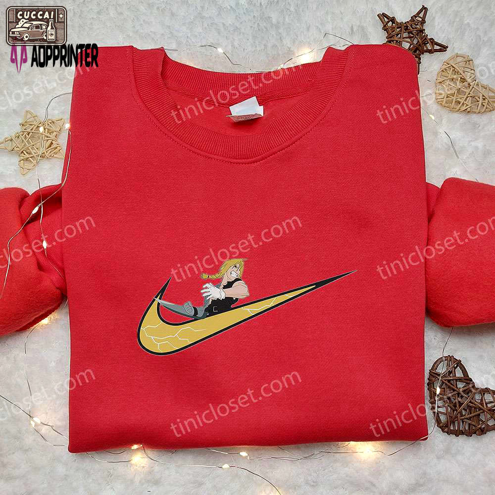 Anime embroidered hoodie: edward elric x nike swoosh fullmetal alchemist & nike inspired shirt Embroidered Shirt