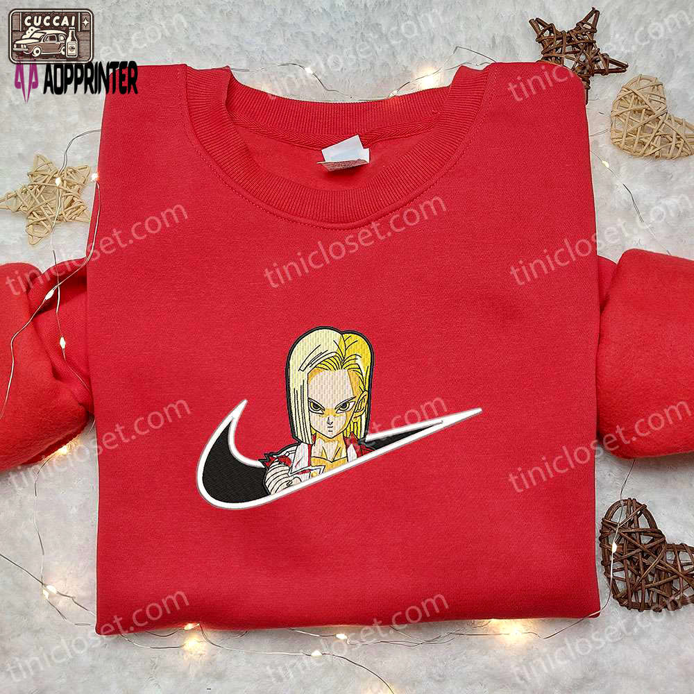 Anime embroidered shirt: android 18 x nike swoosh & dragon ball nike inspired design Embroidered Shirt