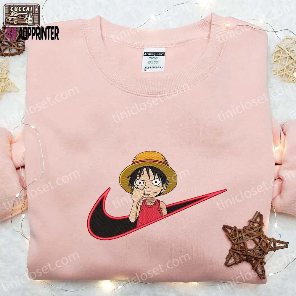 Anime embroidered shirt: monkey d luffy x nike swoosh one piece & nike inspired – shop now! Embroidered Shirt