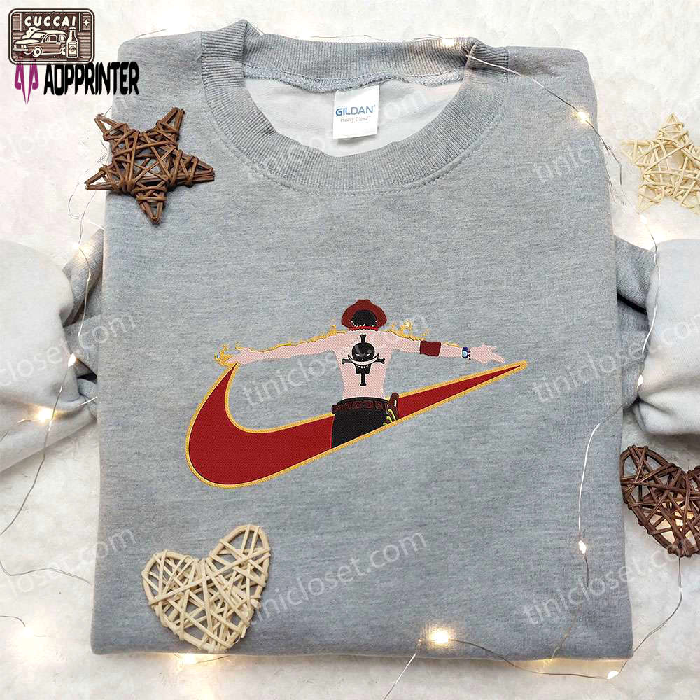 Anime hoodie: portgas d ace x nike swoosh embroidered – one piece & nike inspired shirt Embroidered Shirt