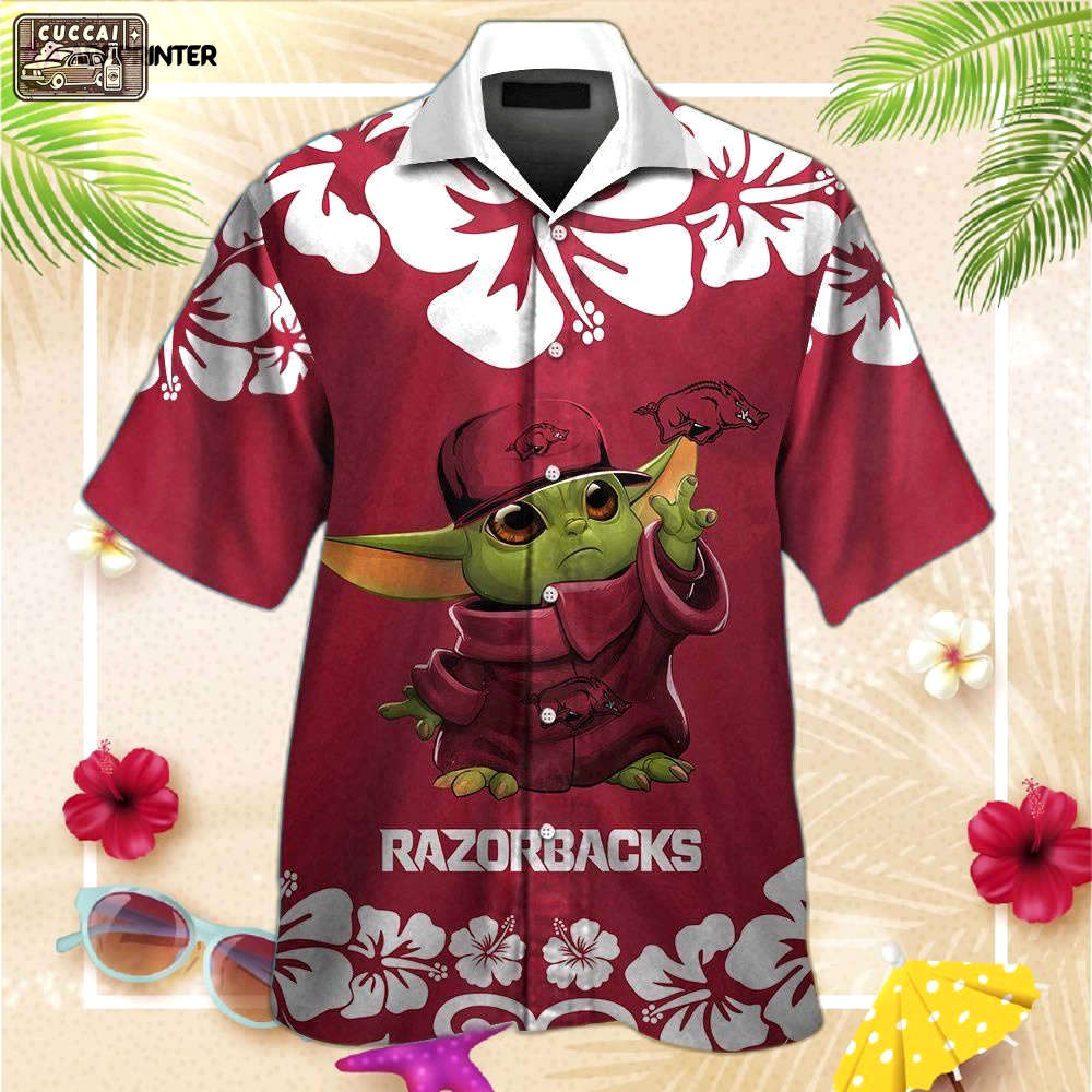 Arkansas razorbacks baby yoda short sleeve button up tropical aloha hawaiian shirt set for men women kids Hawaii Shirt