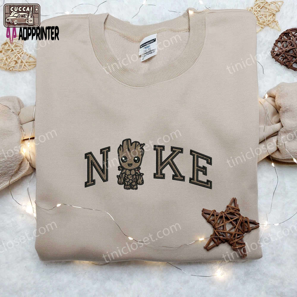 Baby groot x nike embroidered shirt: marvel movie inspired nike shirt Embroidered Shirt