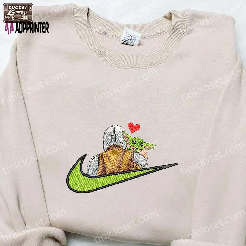 Baby yoda heart x nike swoosh shirt & star wars hoodie: perfect family gifts Embroidered Shirt