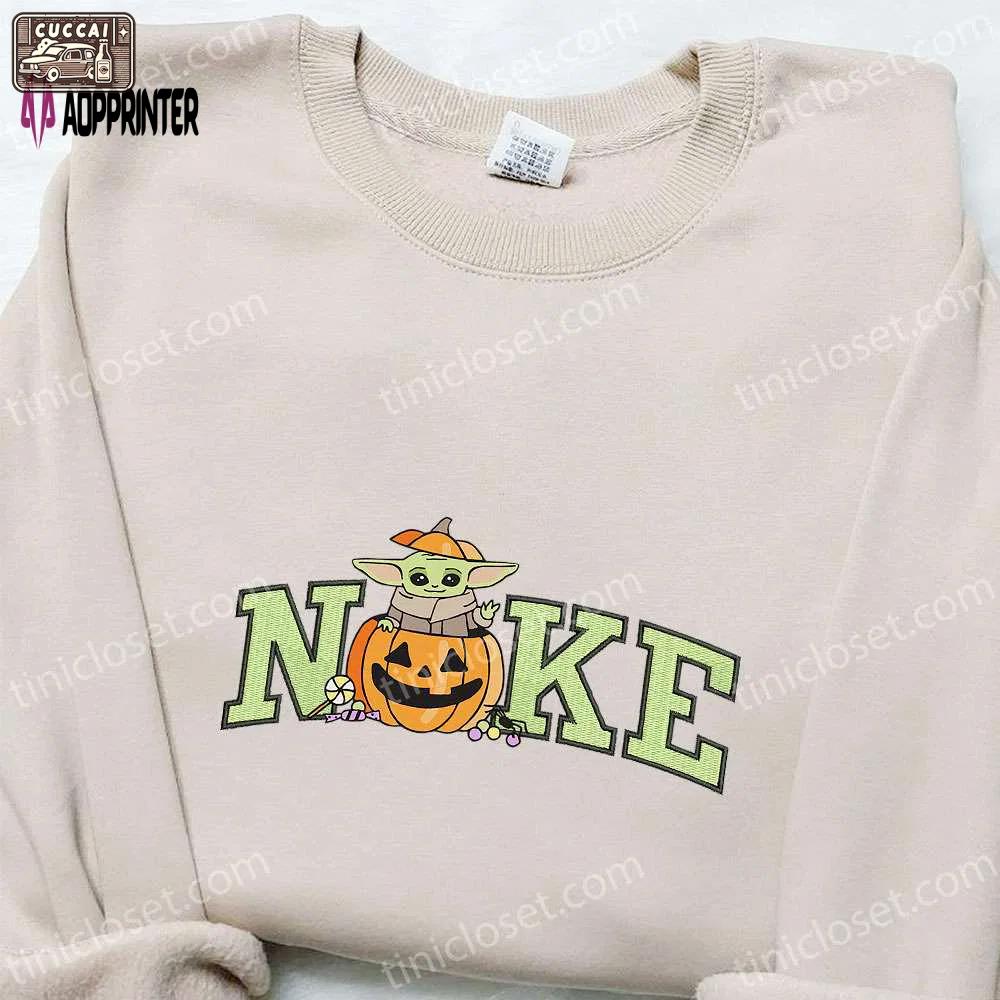 Baby yoda pumpkin x nike embroidered sweatshirt: spooktacular halloween gift! Embroidered Shirt
