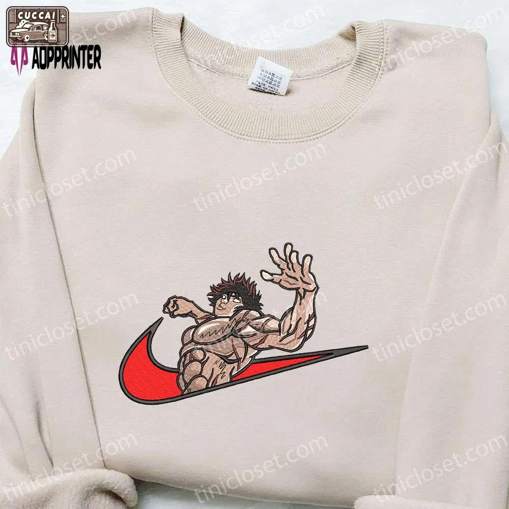 Baki hanma x nike swoosh anime embroidered shirt: best nike inspired gift for family Embroidered Shirt