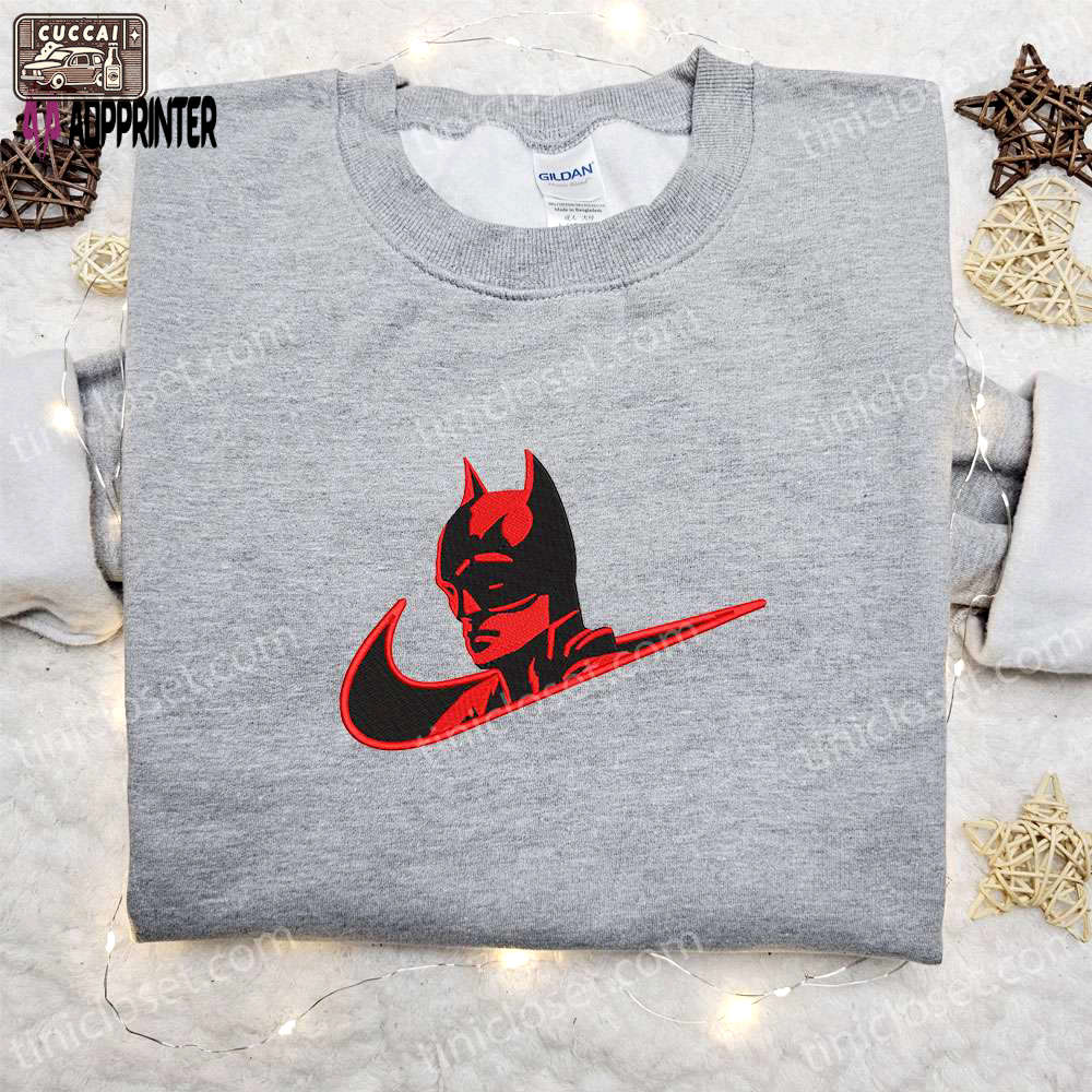 Batman x nike swoosh movie embroidered sweatshirt: dc comic shirt inspired by nike trendy and unique! Embroidered Shirt