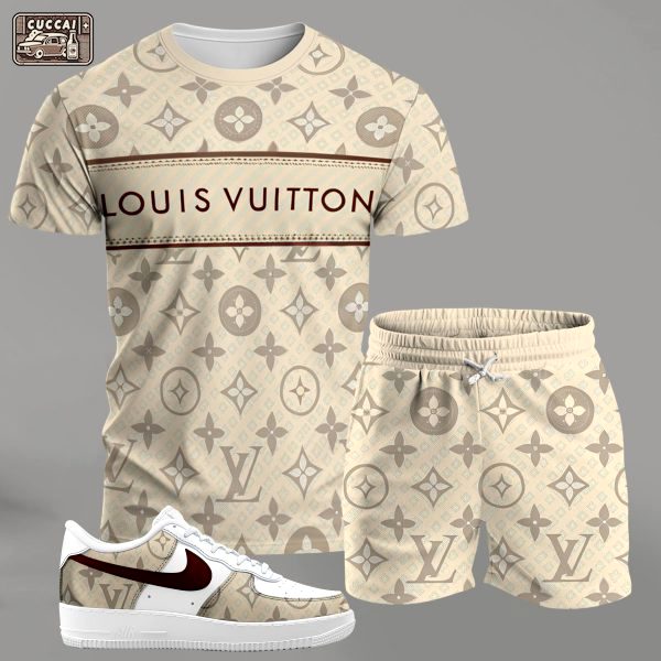 Beige monogram streetwear set for men, stripe-logo t-shirt and matching shorts with red-accent sneakers T-Shirt Short Sneakers Set