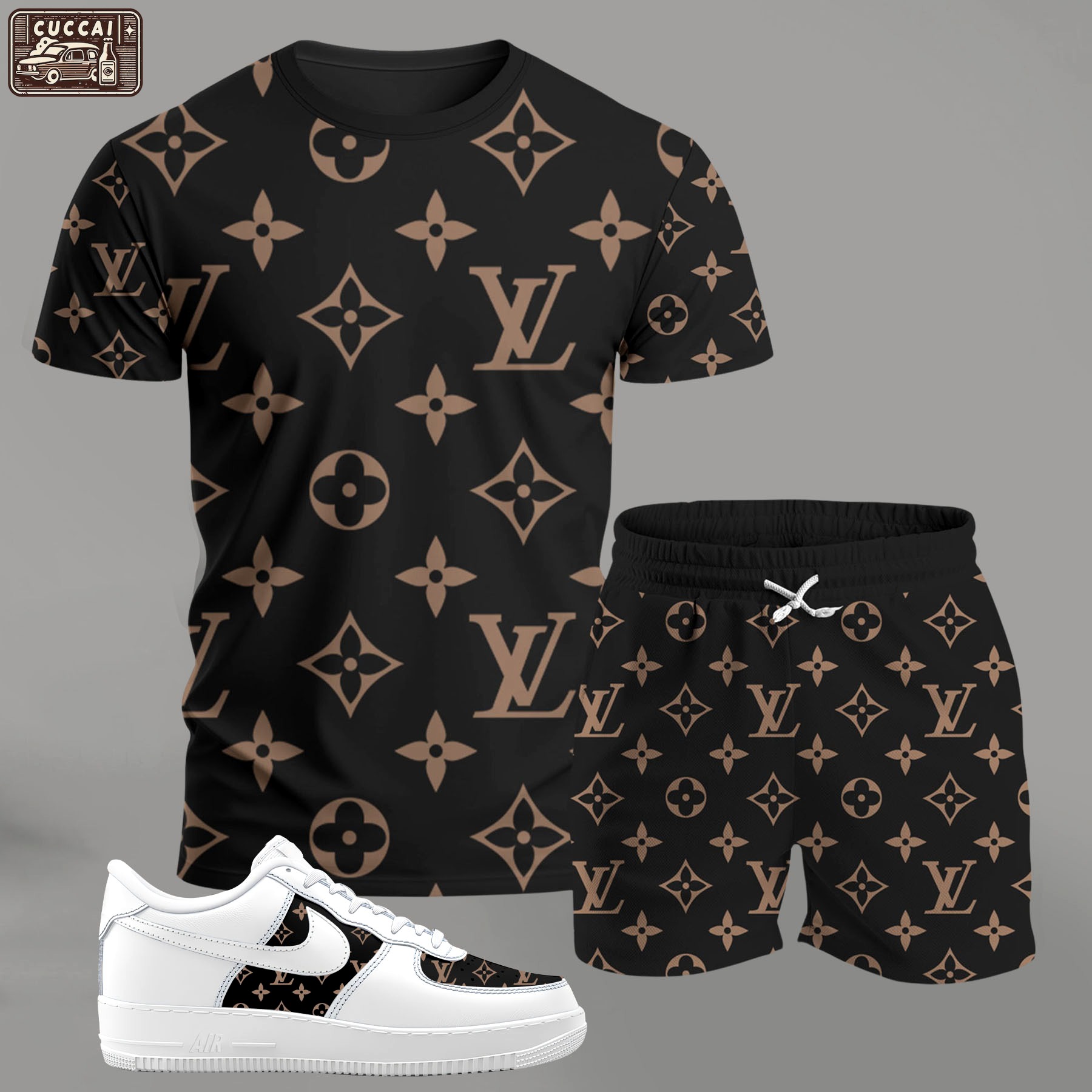 Black and brown monogram set for men, bold pattern streetwear t-shirt and shorts combo with matching sneakers T-Shirt Short Sneakers Set