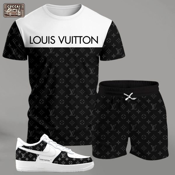 Black and white contrast streetwear set for men, split design t-shirt and monogram shorts with matching sneakers T-Shirt Short Sneakers Set