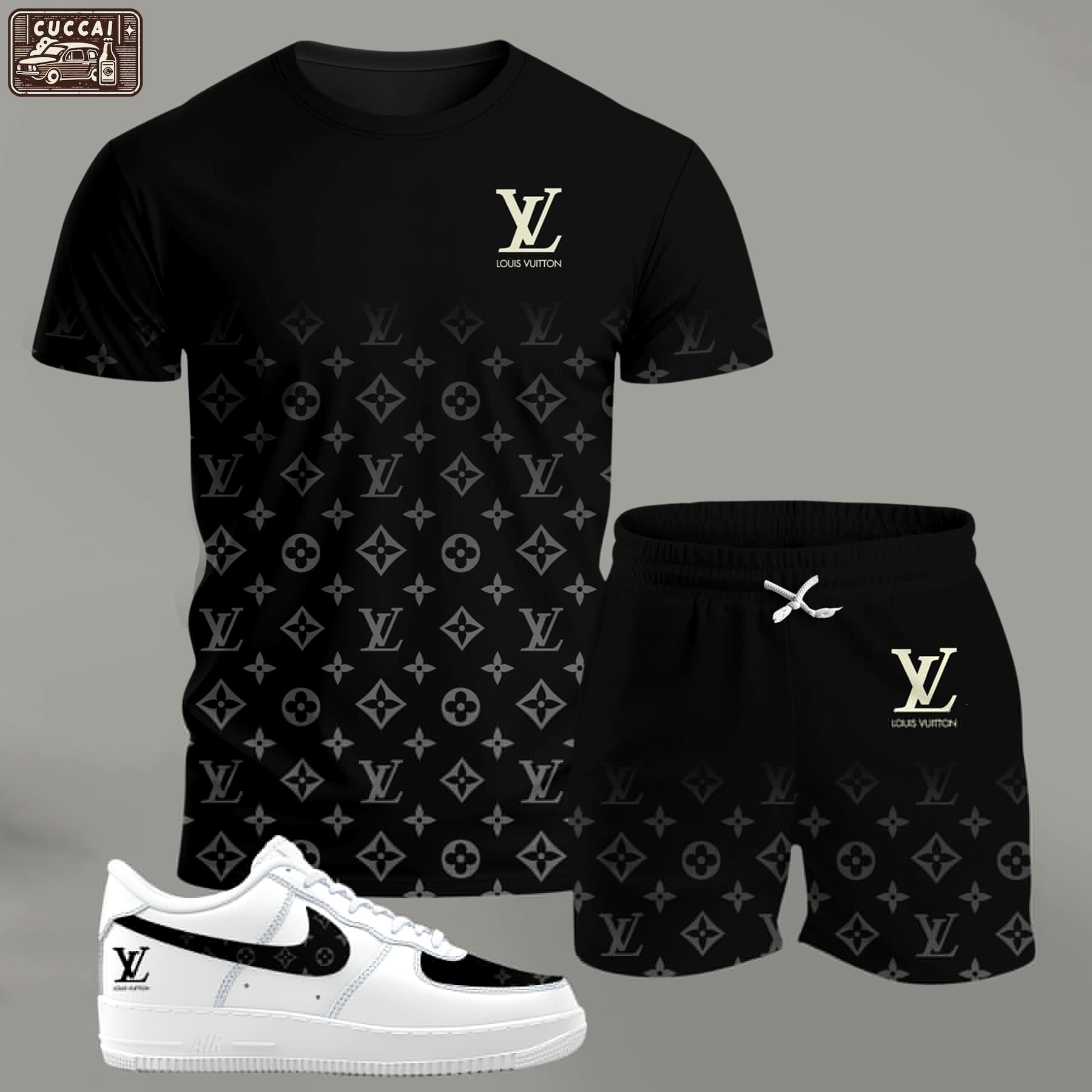 Black gradient monogram set for men, minimal luxury t-shirt and shorts combo with clean contrast sneakers T-Shirt Short Sneakers Set