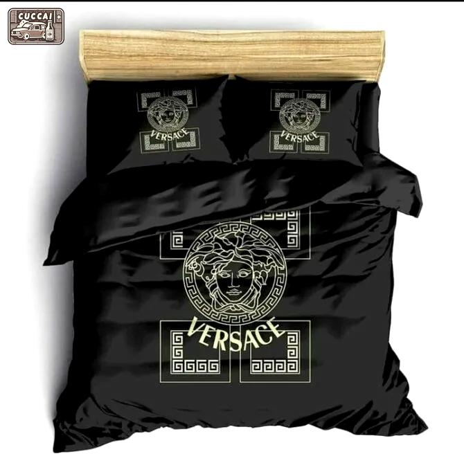 Black medusa pattern versace bedding sets luxury brand premium bed sets, bedroom sets, comforter sets, duvet cover, bedspread for home decor trending 2023 for home Bedding Sets