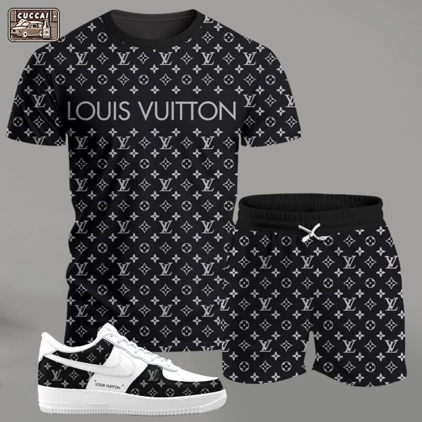 Black monogram streetwear set for men, all-over pattern t-shirt and shorts combo with white sneakers T-Shirt Short Sneakers Set