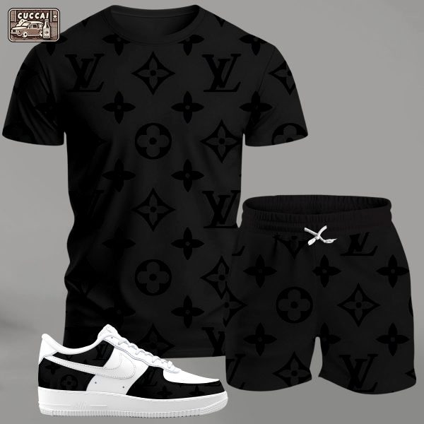 Black monogram streetwear set for men, minimalist all-over pattern t-shirt and shorts combo with white sneakers T-Shirt Short Sneakers Set