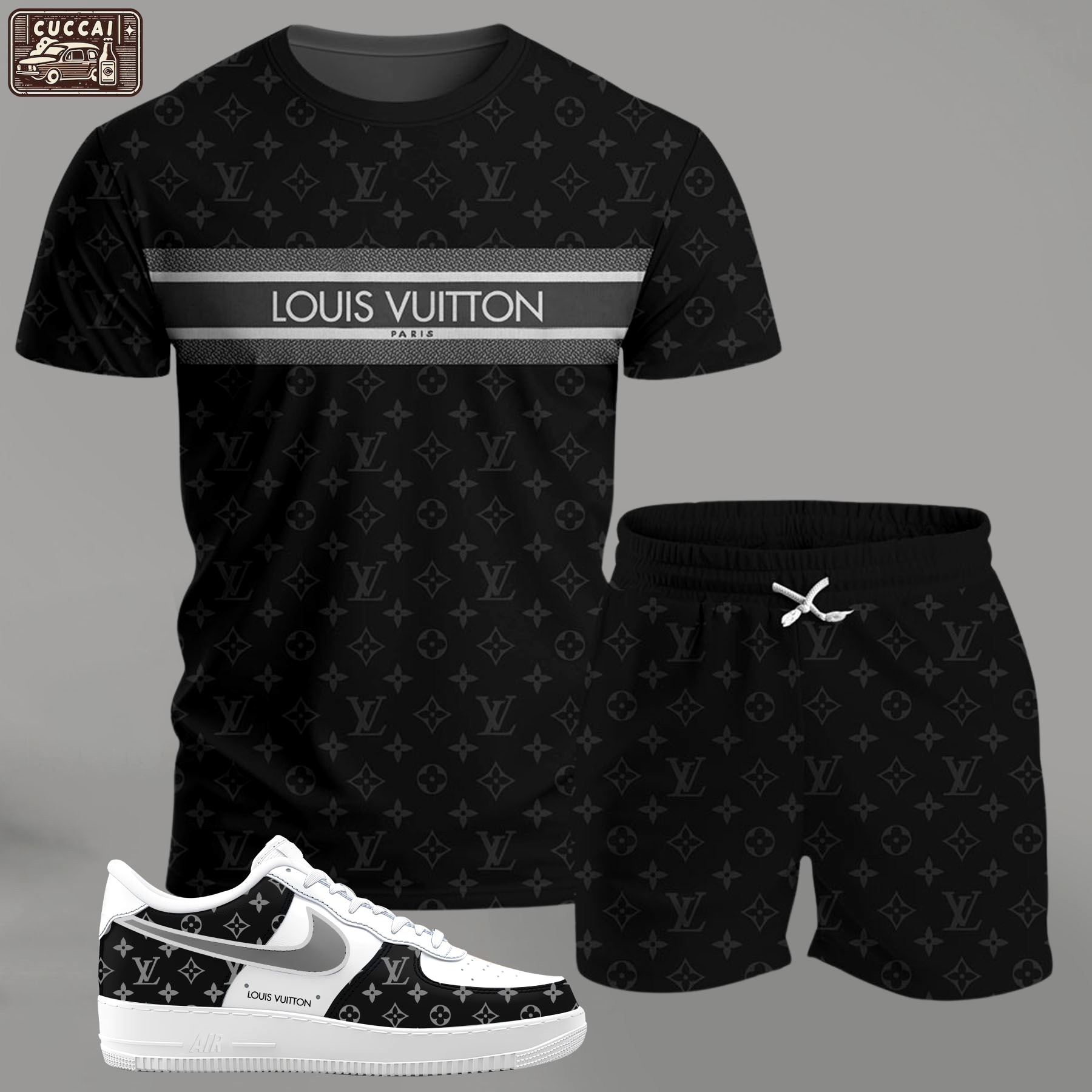 Black monogram stripe set for men, minimal patterned t-shirt and shorts combo with clean contrast sneakers T-Shirt Short Sneakers Set