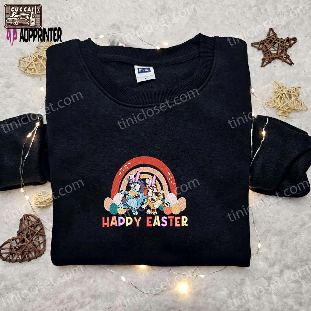 Bluey and bingo easter rainbow shirt & cartoon hoodie – perfect thanksgiving day gift idea Embroidered Shirt