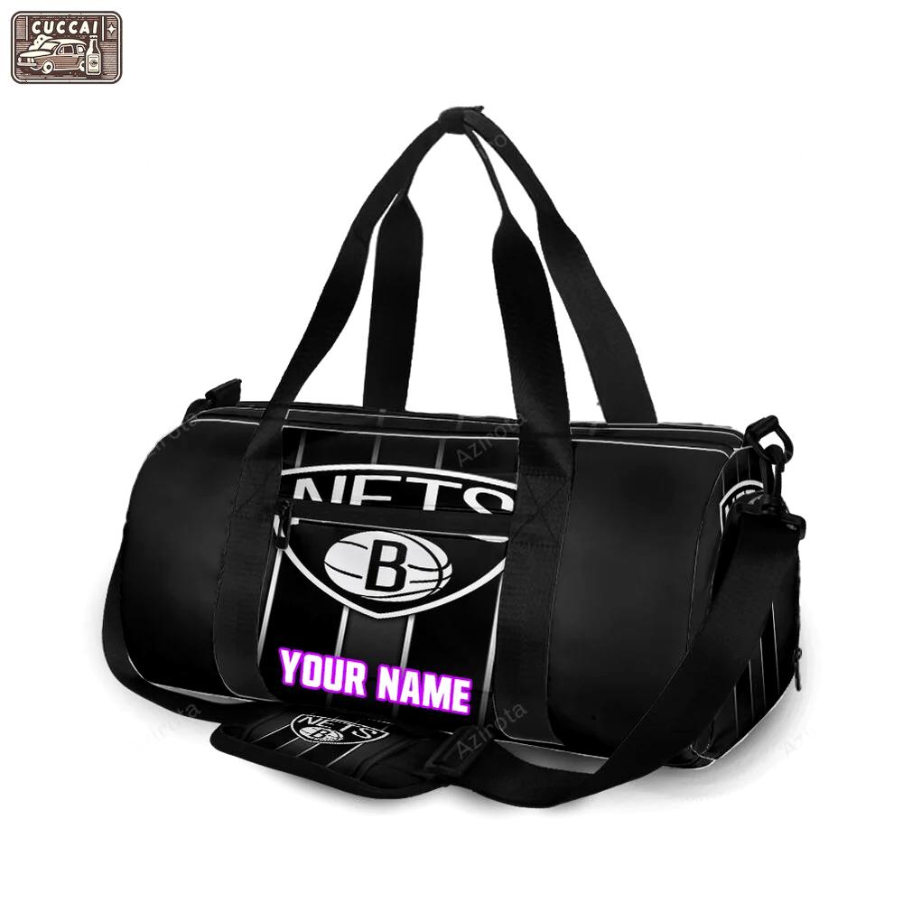 Brooklyn nets ball black white stripped personalized name travel bag gym bag 1434 Travel Bag