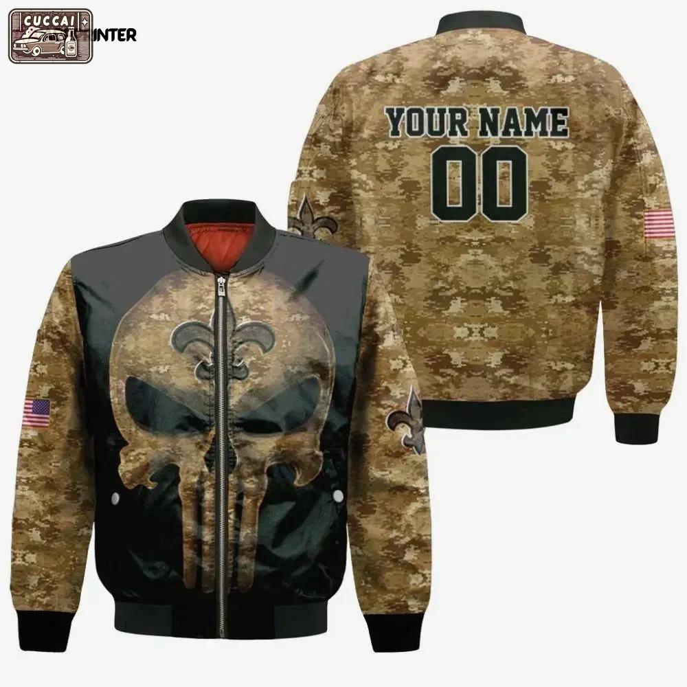 Camouflage skull new orleans saints american flag logo pattern personalized bomber jacket Bomber Jacket