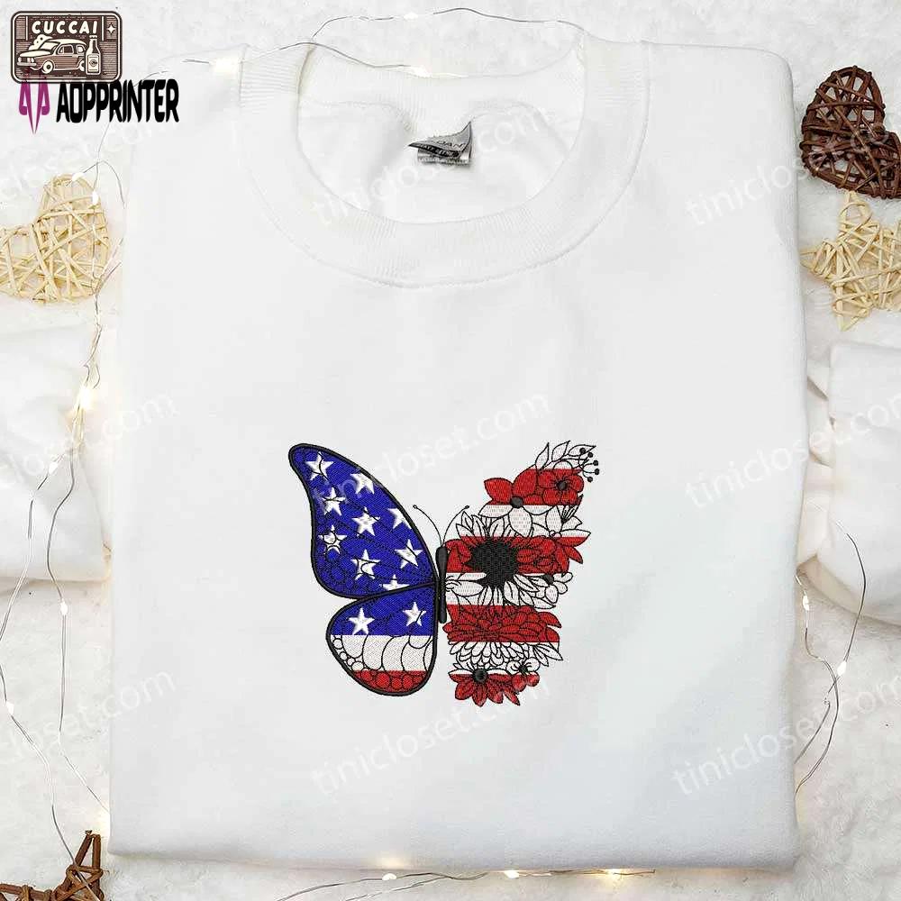 Celebrate independence day with butterfly x america flag embroidered shirt – perfect national day gift Embroidered Shirt