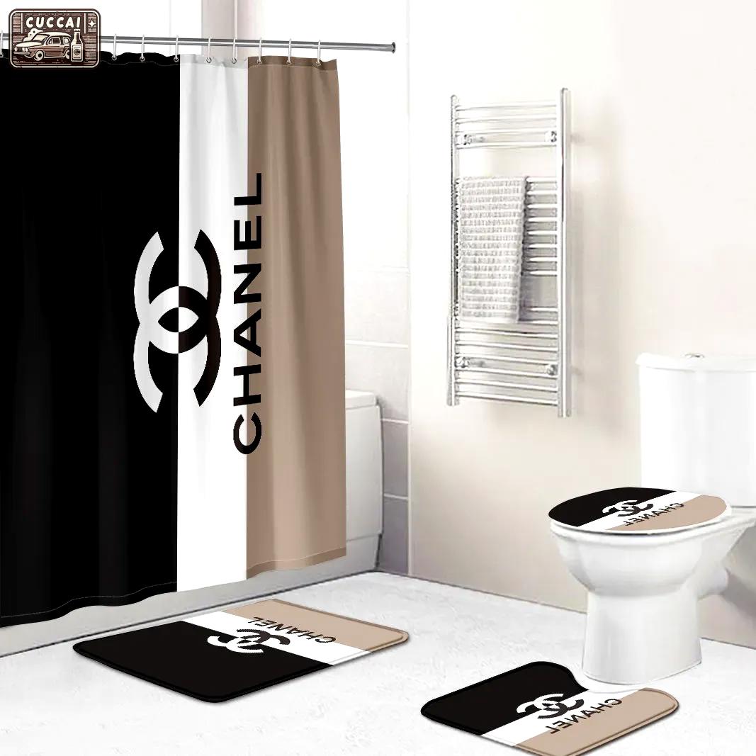 Chanel black and white beige logo type 868 Bathroom Accessory Sets Toilet Cover Bathroom Sets Pedestal Rug Luxury Fashion Brand Hypebeast Bathroom Home Decor Waterproof Shower Curtain Bath Mat Set