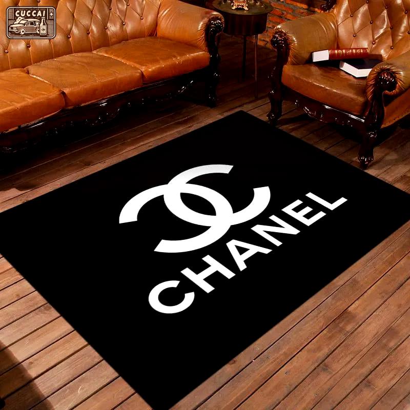 Chanel black logo type 1038. Upgrade Your Living Room with Luxury Home Decor: Area Carpets, Floor Decor, Door Mats, and Hot Gift Items with style a High-End Fashion Brand Rectangle Rug