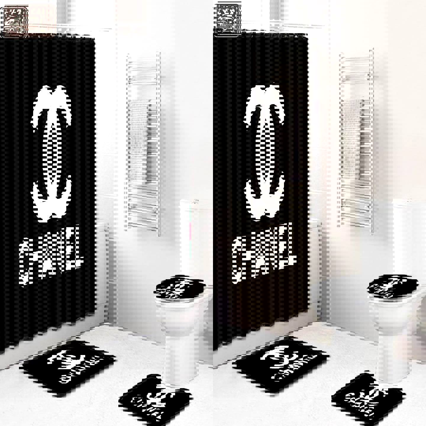 Chanel black logo type 1296 Bathroom Accessory Sets Hypebeast Bathroom Waterproof Shower Curtain Bath Mat Set Pedestal Rug Home Decor Luxury Fashion Brand Bathroom Sets Toilet Cover