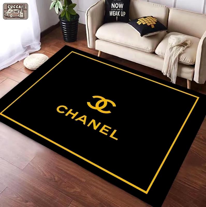 Chanel black logo type 247. Upgrade Your Living Room with Luxury Home Decor: Area Carpets, Floor Decor, Door Mats, and Hot Gift Items with style a High-End Fashion Brand Rectangle Rug
