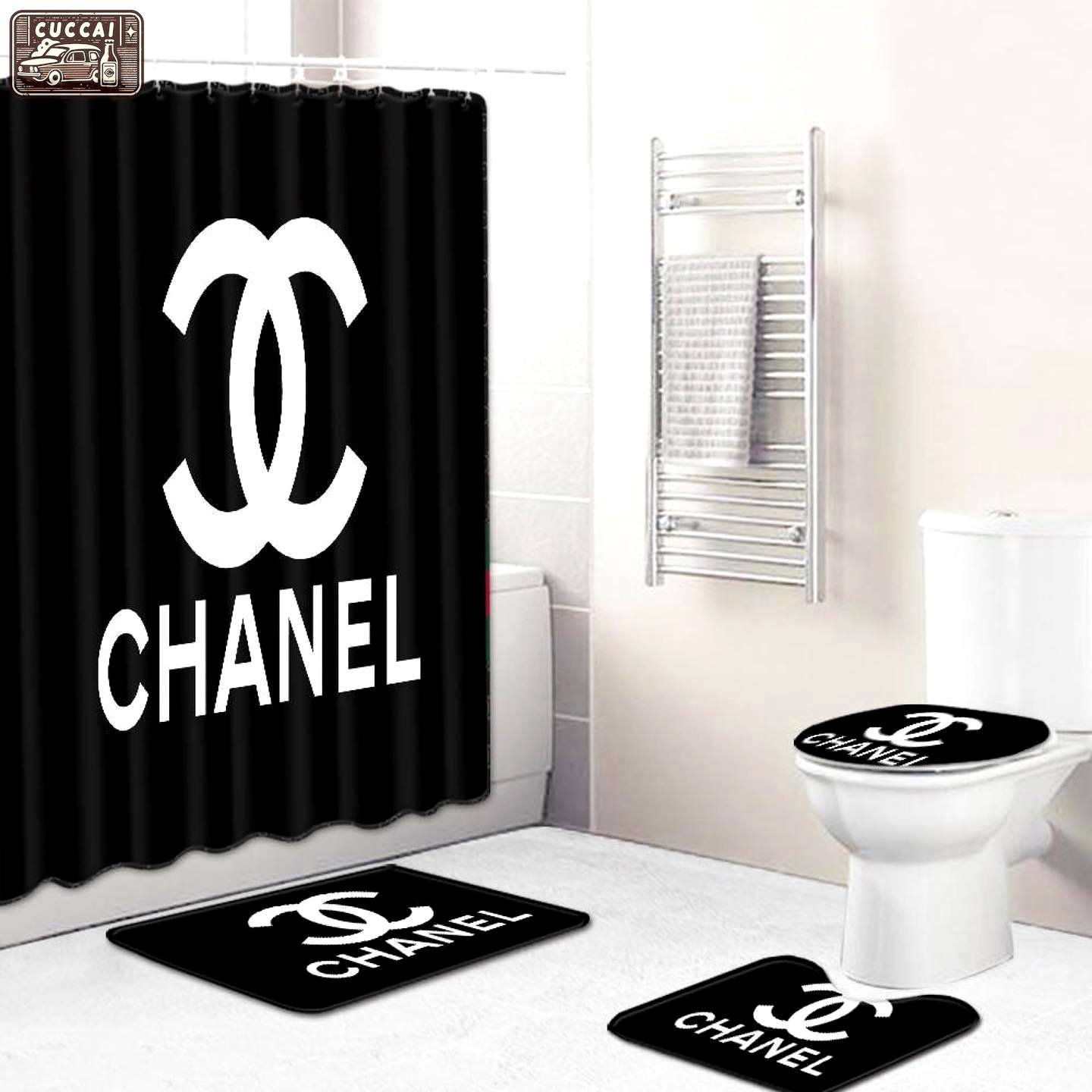 Chanel black luxury brand premium bathroom set shower curtain bath mat set home decor Bathroom Set