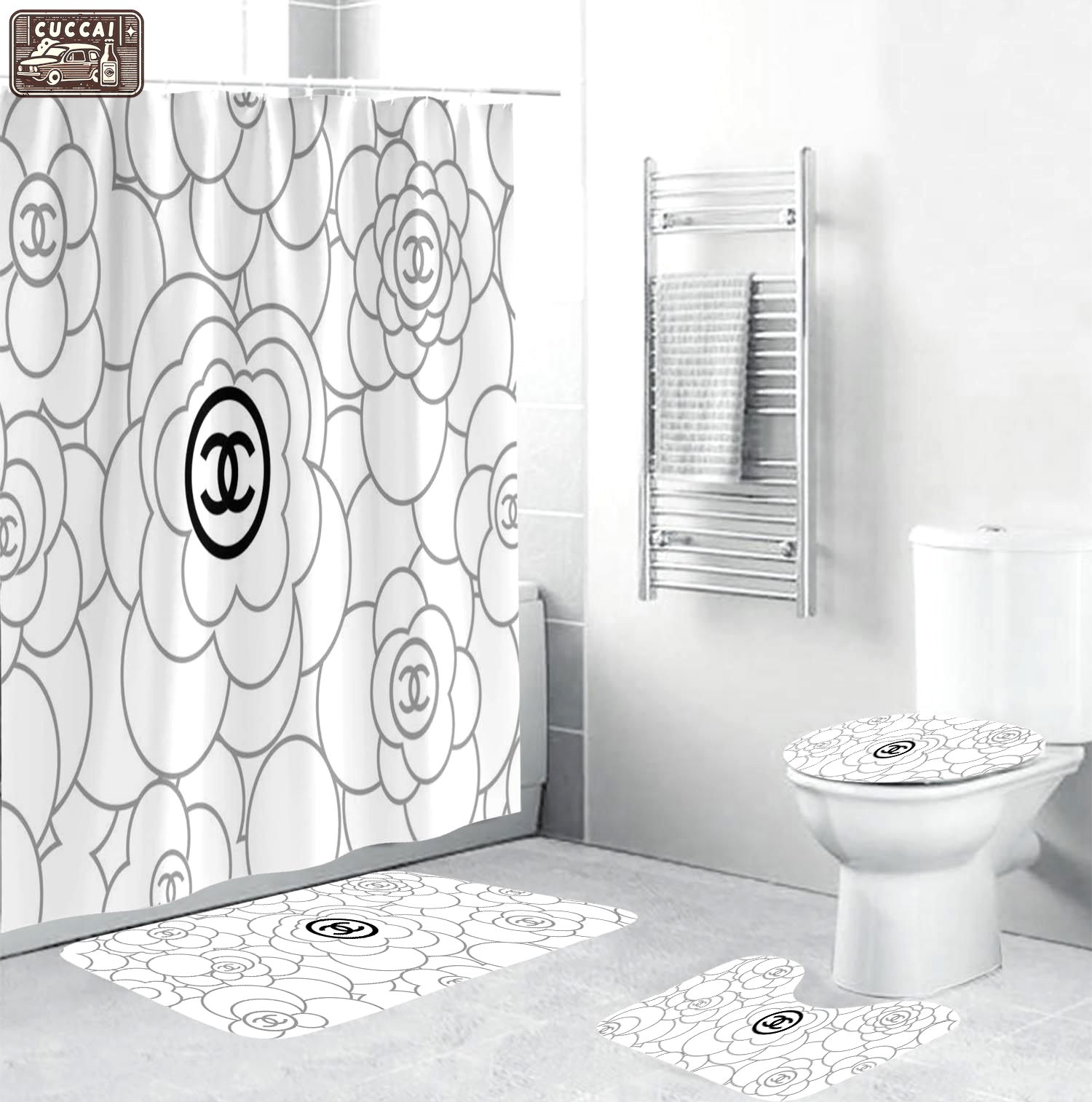 Chanel black signature flowers in white back ground luxury fashion brand bathroom sets hypebeast bath mat home decor Bathroom Set
