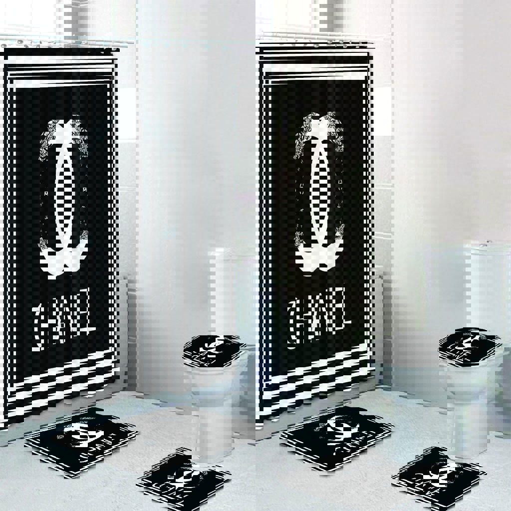 Chanel black square luxury brand premium bathroom set shower curtain bath mat set home decor Bathroom Set