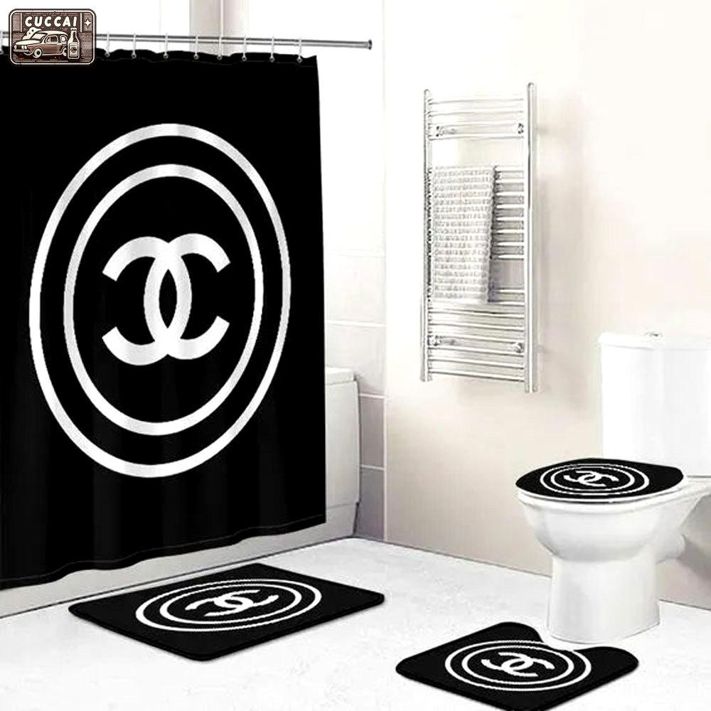 Chanel black white logo type 1765 Bathroom Accessory Sets Bath Mat Set Pedestal Rug Bathroom Sets Hypebeast Bathroom Toilet Cover Luxury Fashion Brand Waterproof Shower Curtain Home Decor