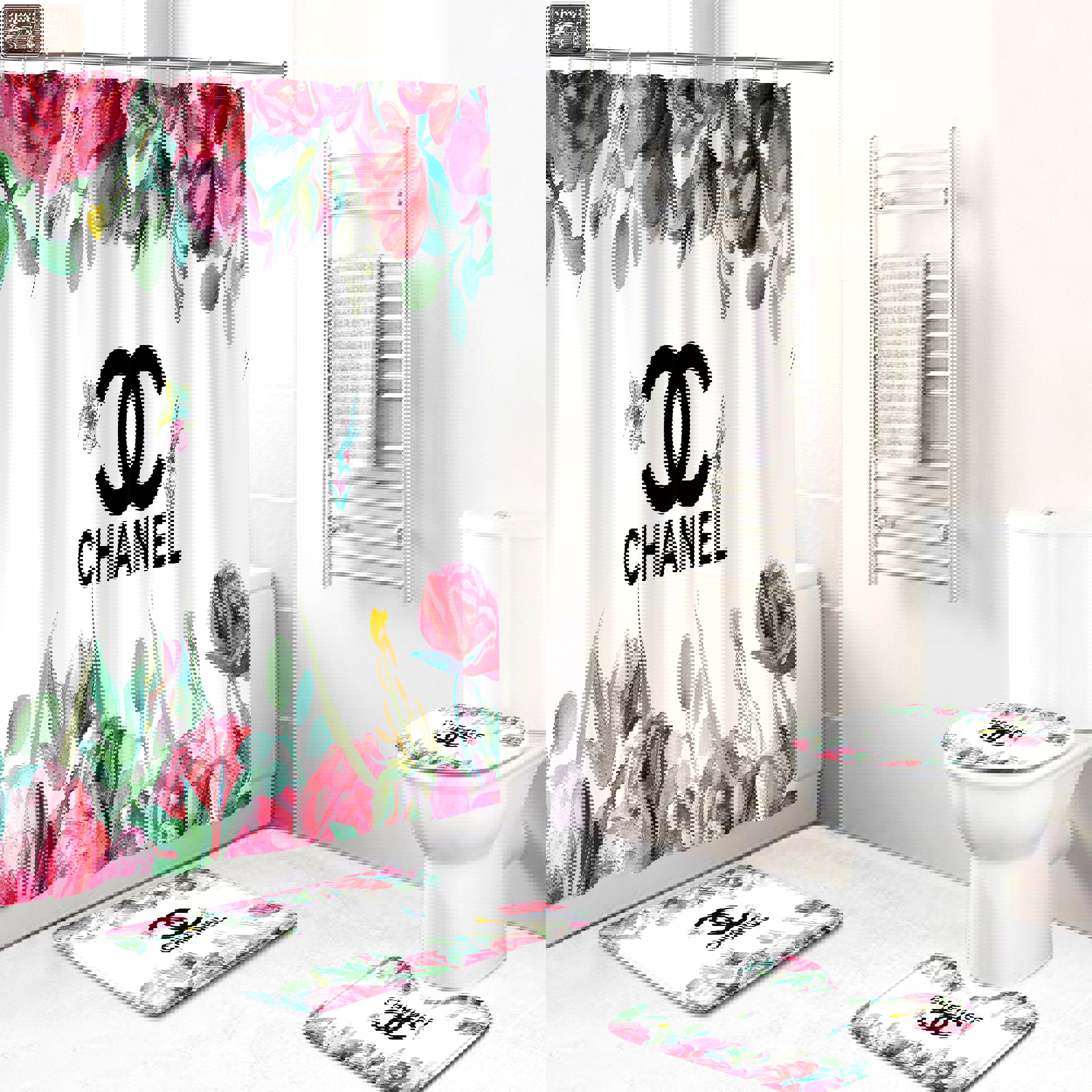 Chanel flower logo type 1910 Bathroom Accessory Sets Toilet Cover Hypebeast Bathroom Waterproof Shower Curtain Bathroom Sets Bath Mat Set Home Decor Luxury Fashion Brand Pedestal Rug