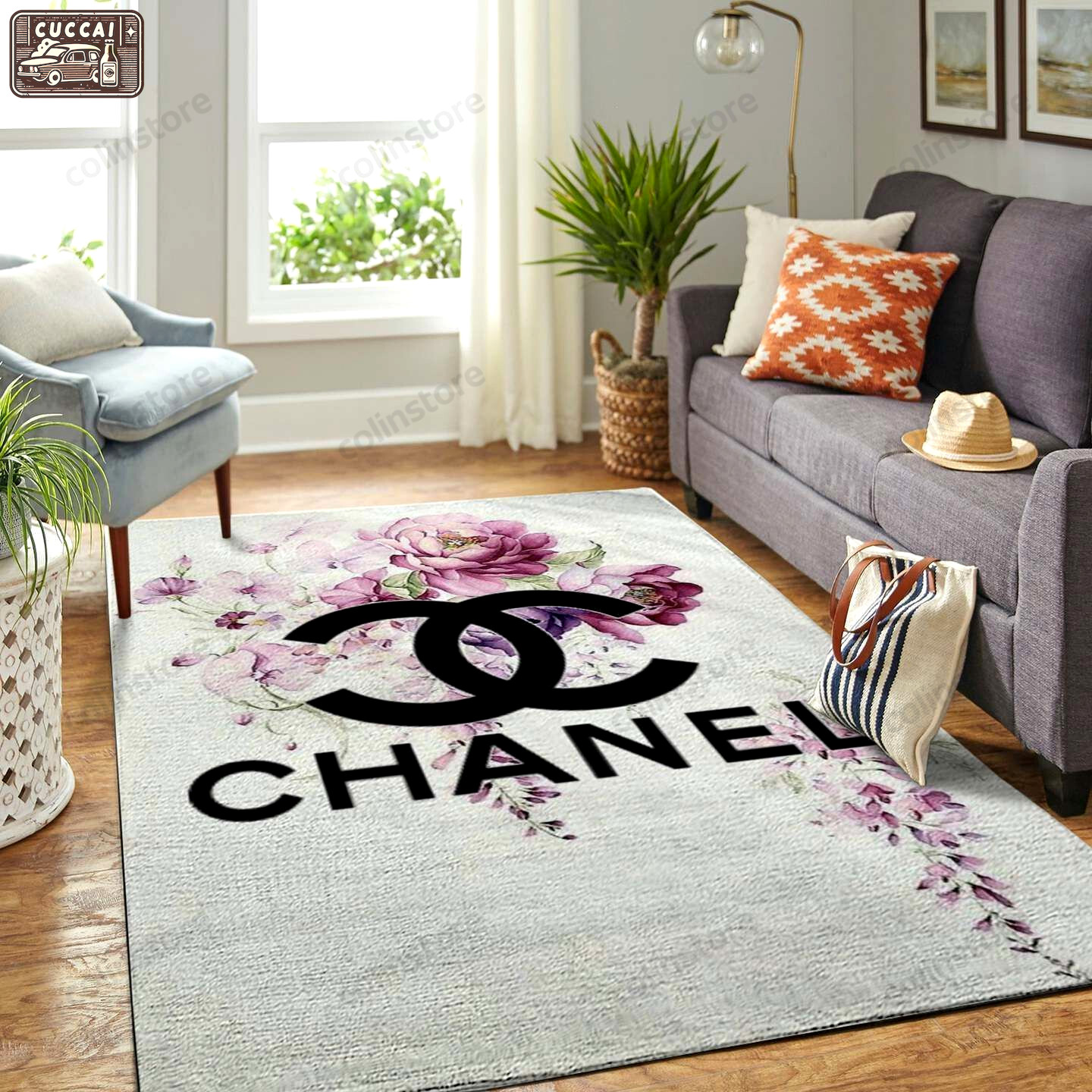 Chanel flowers logo type 560. Upgrade Your Living Room with Luxury Home Decor: Area Carpets, Floor Decor, Door Mats, and Hot Gift Items with style a High-End Fashion Brand Rectangle Rug