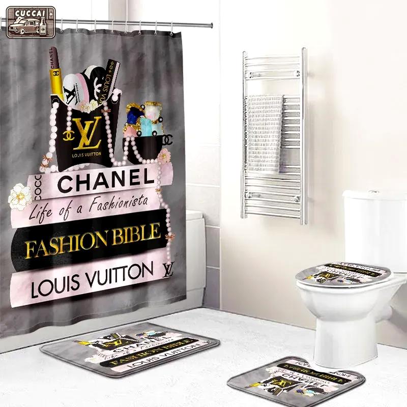Chanel logo type 531 Bathroom Accessory Sets Hypebeast Bathroom Pedestal Rug Toilet Cover Luxury Fashion Brand Bath Mat Set Waterproof Shower Curtain Bathroom Sets Home Decor