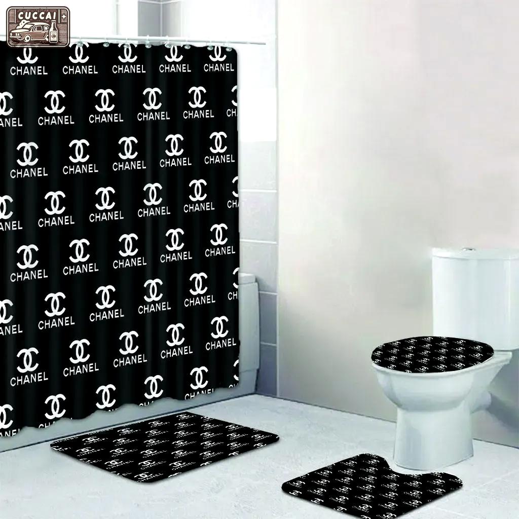 Chanel logo type 552 Bathroom Accessory Sets Toilet Cover Home Decor Hypebeast Bathroom Luxury Fashion Brand Pedestal Rug Bath Mat Set Bathroom Sets Waterproof Shower Curtain