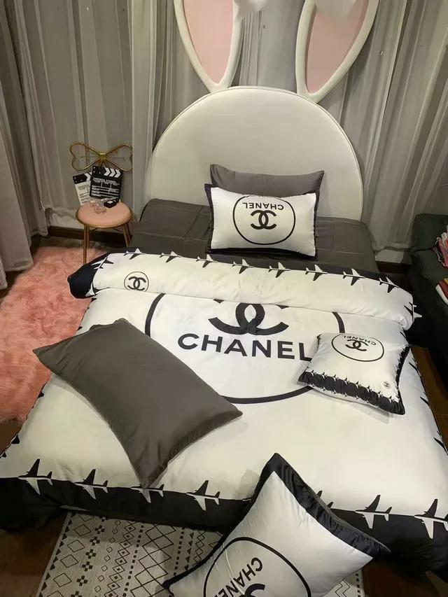 Chanel logo white printed bedding sets quilt sets duvet cover luxury brand bedding decor bedroom sets best luxury bed sets gift thankgivings and christmas Bedding Sets