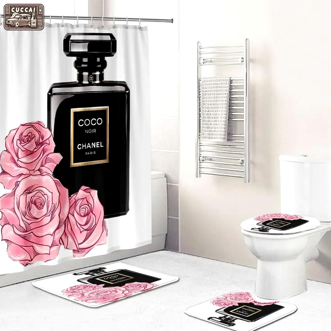 Chanel perfume logo type 762 Bathroom Accessory Sets Pedestal Rug Luxury Fashion Brand Bath Mat Set Toilet Cover Bathroom Sets Waterproof Shower Curtain Hypebeast Bathroom Home Decor