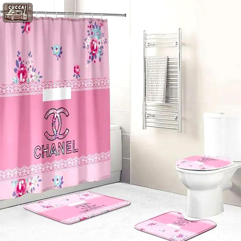 Chanel pink flower hypebeast luxury fashion brand bath mat home decor bathroom sets Bathroom Set