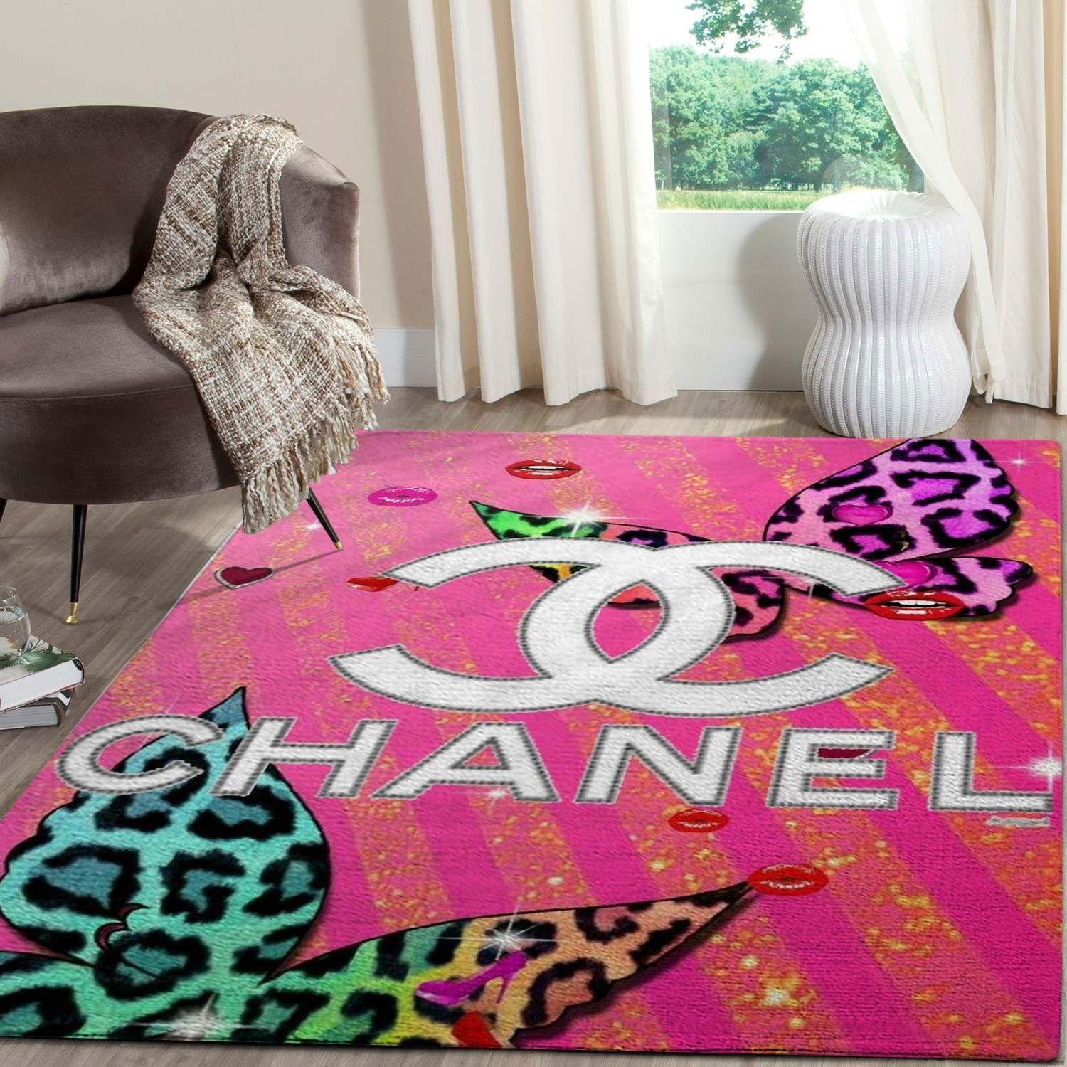Chanel pinky logo type 551. Upgrade Your Living Room with Luxury Home Decor: Area Carpets, Floor Decor, Door Mats, and Hot Gift Items with style a High-End Fashion Brand Rectangle Rug